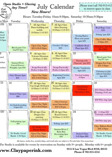 July calendar of classes