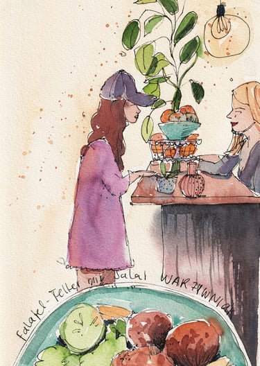Illustration Falafelteller zwei Frauen an einer Holtheke warmes licht
