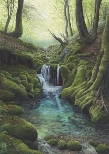 Acrylic painting of a moss-covered woodland waterfall and forest stream, with ferns, tree roots and 