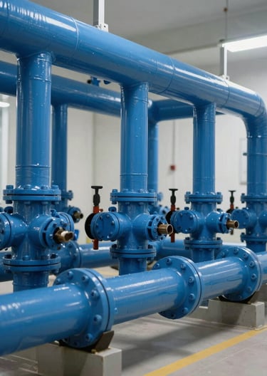 An engineered commercial water distribution system in a brightly lit technical utility room, showcasing clean blue insulation on pipes and manifolds.