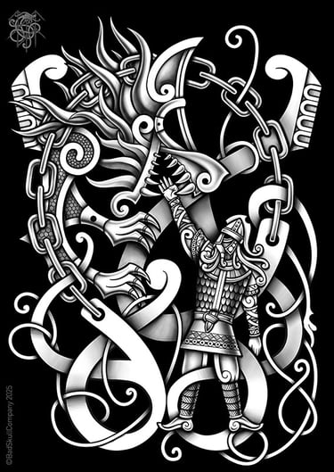 a black and white drawing of a dragon with a viking warrior on it