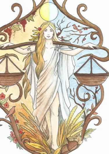 a drawing of a lady with a scale symbolizing autumn equinox