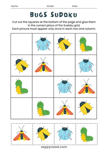 Bugs picture Sudoku Worksheet Printables zappynzeal.com