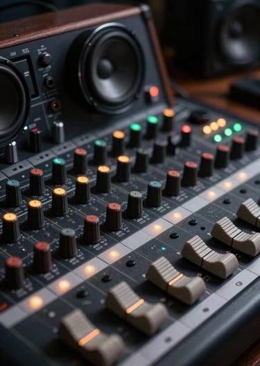 Close-up shot of professional audio mixing equipment in a darkened studio with glowing dusty seafoam indicator lights.
