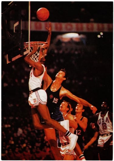 1968 Olympics Final Game Postcard with Jo Jo White & Spencer Haywood Team USA German Youth Hostile