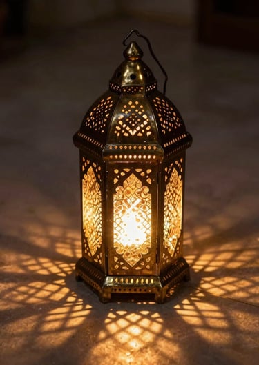 A glowing Moroccan lantern with intricate brass patterns, casting beautiful golden geometric shadows on a dark floor.