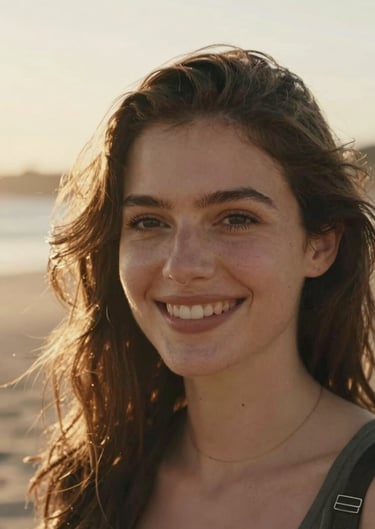 A candid portrait of a woman smiling, backlit by the warm sun, soft sand highlights on her hair, cinematic and authentic.