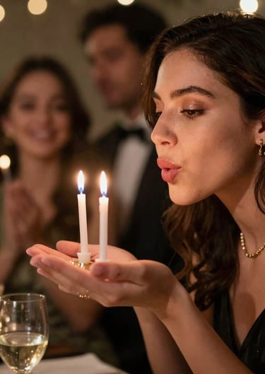 A vibrant party scene at a North American / US birthday celebration, capturing a person blowing out candles, bokeh light effects, elegant and professional.