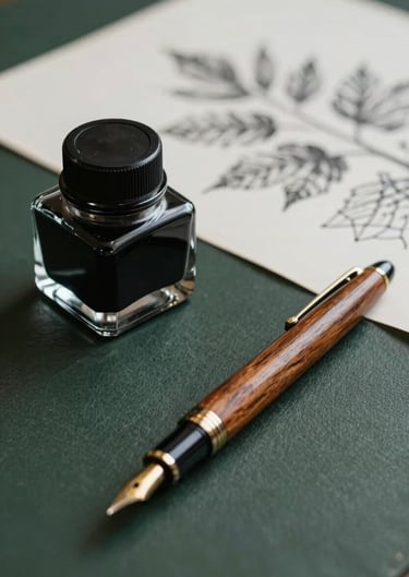 A sophisticated close-up of a glass inkwell and a vintage wooden dip pen resting on a dark forest green desk, with a blurred botanical sketch in the background.