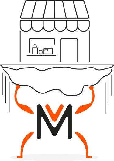 El anagrama de Momento Visual personificado e impulsando una ilustración de un negocio