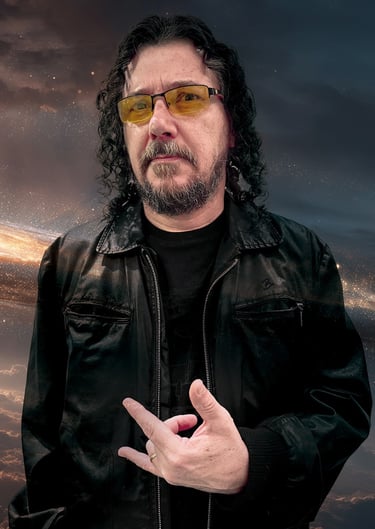 Portrait of a man with curly hair and a leather jacket making a hand gesture against a cosmic space background.