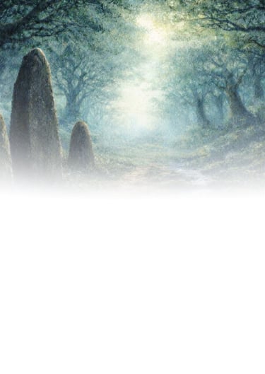 Misty forest path with ancient standing stones and soft teal-green light, representing The Living Pa