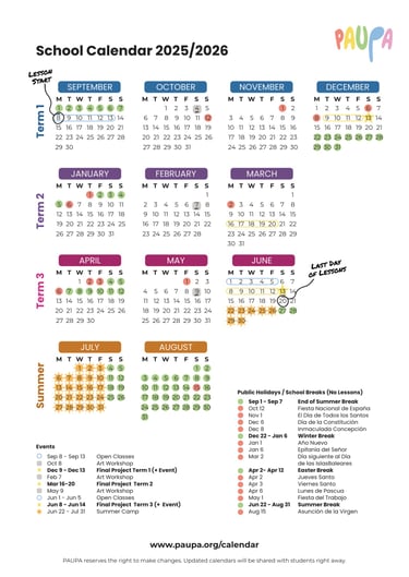 lesson school calendar PAUPA Academy Palma
