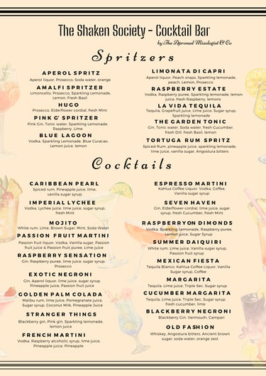 Cocktails menu for bar packages