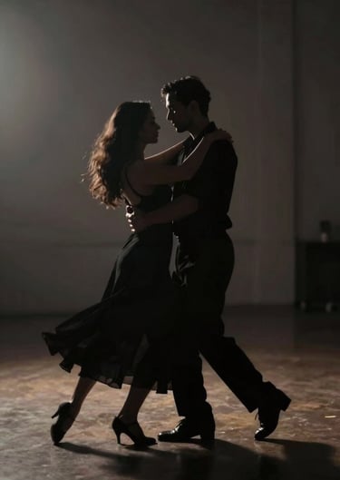 A silhouette of a couple dancing in a dimly lit room, cinematic charcoal #3A3A3A background with warm light leaks.