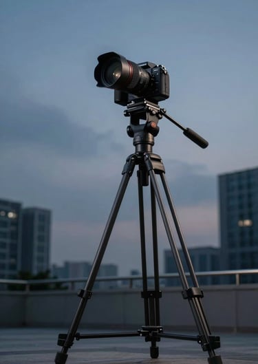 A low-angle shot of a photographer with a tripod in a modern US urban setting at dusk, dark blue-gray sky, high-tech camera gear in sharp relief.