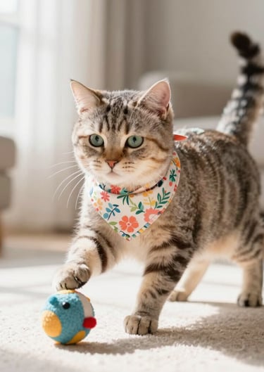 A cute tabby cat wearing a floral bandana plays with a colorful ball toy on a rug.