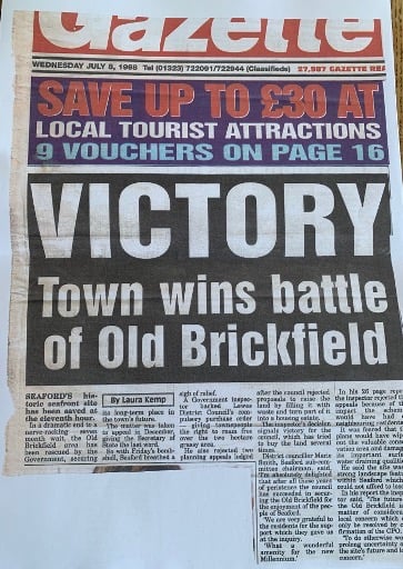 Newspaper headline saying Victory. Town Wins Battle of Brickfield