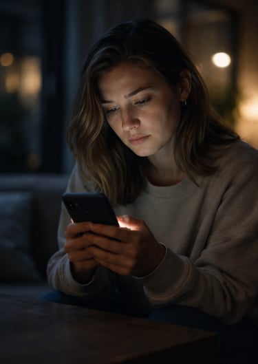 A young woman using a smartphone in a dark room with the screen light illuminating her face.