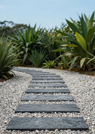 A quiet garden scene in Brazil, showing a single dark grey stone path leading through light grey gravel. Lush green plants are visible but the focus is on the minimalist textures and the baby blue sky above.