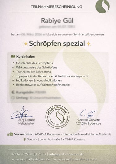 Teilnahmebescheinigung certificate for Rabiye Gül for a Schröpfen spezial cupping therapy seminar at ACADIA Bodensee.