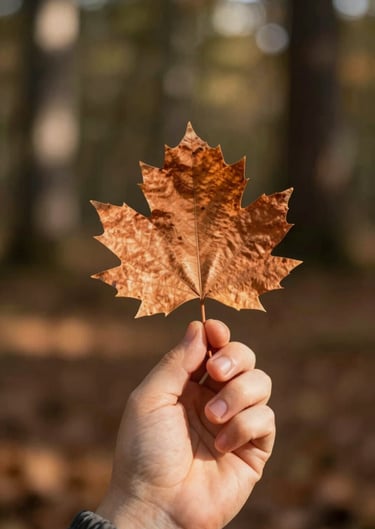 A close-up of a child's hand holding a terracotta colored leaf in a North American / US forest. Warm, sun-drenched lighting and cinematic depth of field.