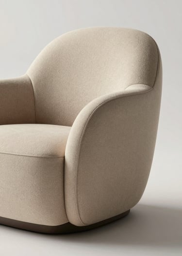 Close-up render of a custom-designed lounge chair. Sophisticated lighting highlights the curves and fabric texture, showcasing high-end 3D visualization skills. Clean minimalist background.