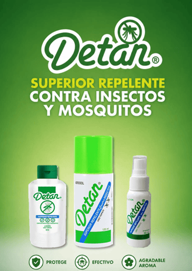 Productos repelentes de mosquitos e insectos Detan, incluyendo aerosoles, lociones y botellas