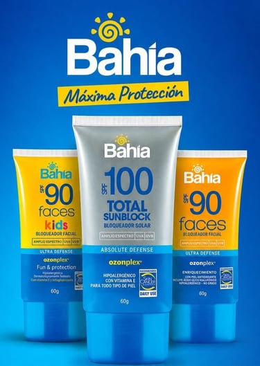 Tubos de protector solar facial y corporal Bahia para niños y adultos FPS 90 y 100 sobre fondo azul