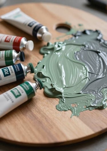 Detail of paint tubes and a wooden palette covered in sage green and charcoal grey oil paint. Artistic studio environment in Portugal.