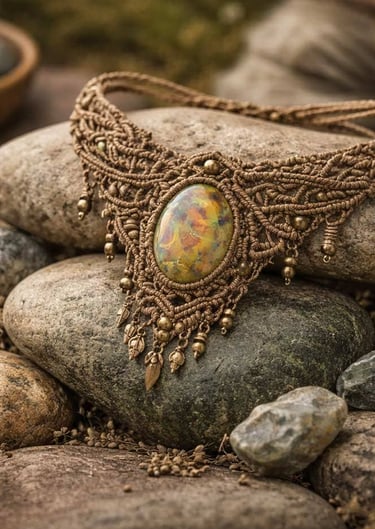 Collar de macramé hecho con piedra de tigre, sobre rocas.