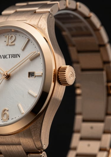 Detail shot of a designer watch and luxury accessories, muted champagne gold textures against a deep obsidian black backdrop, high-end product photography.