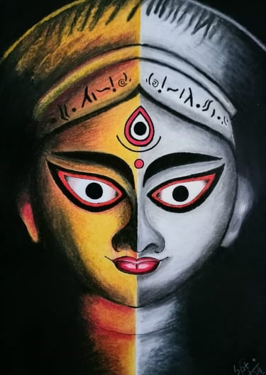 “A symbolic split-face painting of a Hindu goddess, with one half in warm golden tones and the other