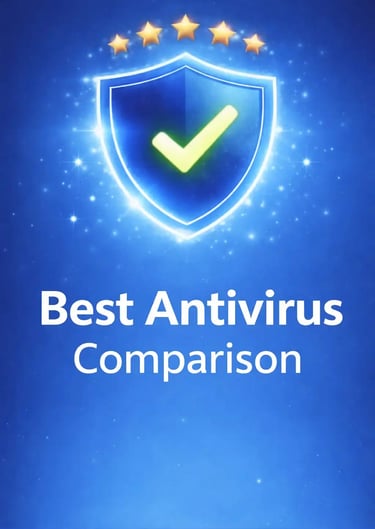 Vertical Best Antivirus Comparison banner with glowing blue shield, five stars, and premium cybersecurity background.