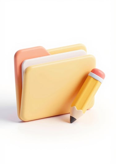 Isometric 3D icon of a folder and a pencil in soft pastel claymorphism style, very friendly and approachable.