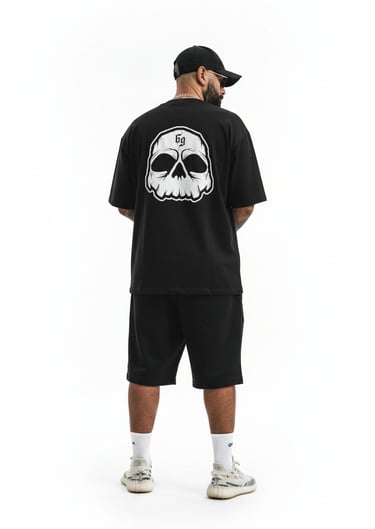 a man in a black shirt and shorts with a skull head