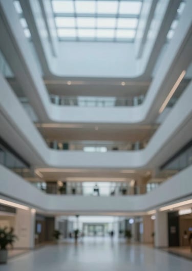 A wide shot of an urban atrium with multi-level balconies and a skylight, emphasizing the firm's understanding of space and light, using #FBF9F6 and #6B6760.