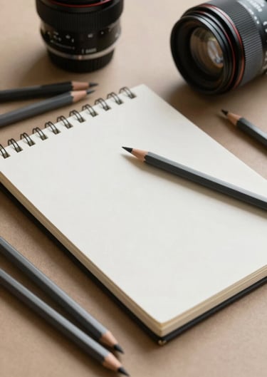 A curated flat-lay of professional art supplies including graphite pencils and a high-quality sketchbook on a tan surface.