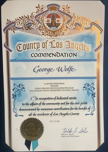 County of Los Angeles commendation awarded to founder George Wolfe in 2024.