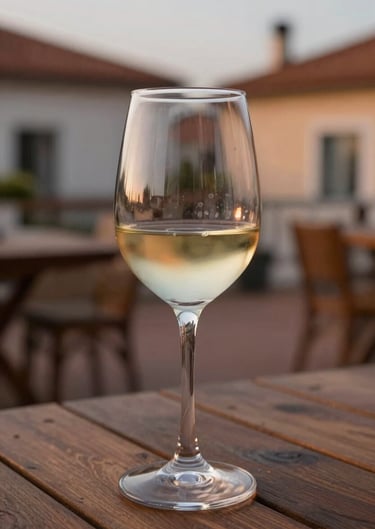 Close up of a glass of wine on a wooden table at dusk, bokeh background of a Portuguese terrace, warm terracotta and charcoal tones.