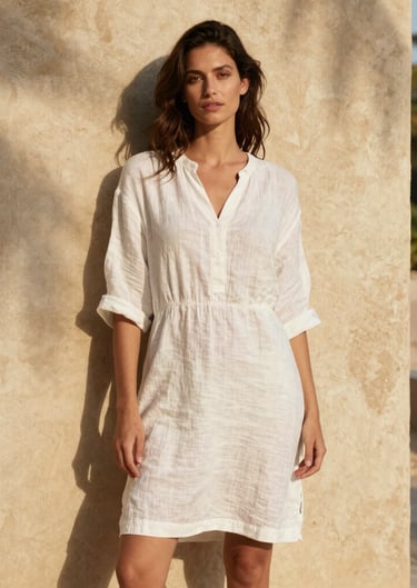 mujer con vestido blanco camisero tuluminati