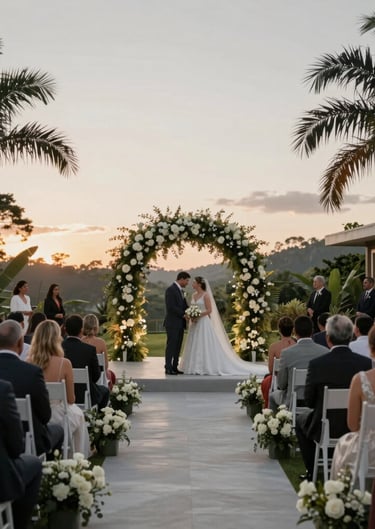 Emotional wide shot of a wedding ceremony in a modern Brazilian garden, sunset lighting, warm gray and white tones, artistic composition focus on the atmosphere.