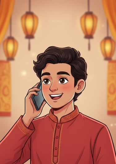 Handsome South Asian man in red kurta talking on smartphone; festive Diwali lanterns in background. 