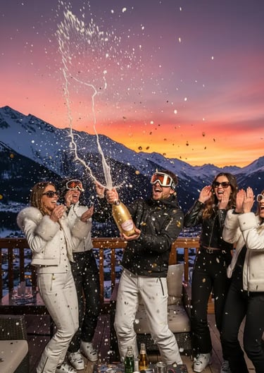 Après-ski champagne celebration at Le Cap Horn Courchevel during sunset.