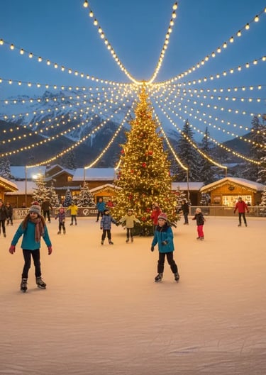 Outdoor ice-skating rink in La Plagne illuminated with warm evening lights and winter atmosphere