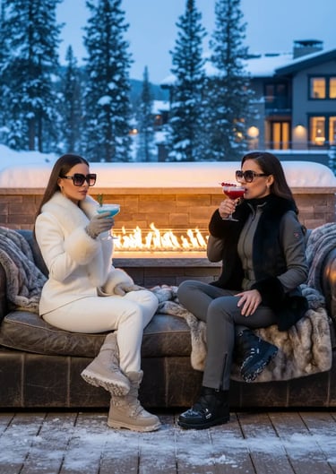 Two women in stylish winter attire enjoying colorful cocktails while sitting on an outdoor lounge ne