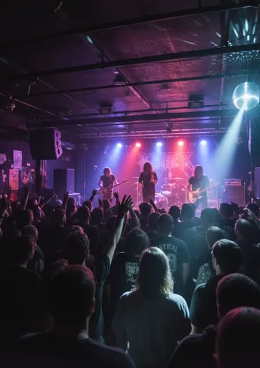 A silhouette of a crowd cheering at a live rock concert inside a dark club with purple and blue stag