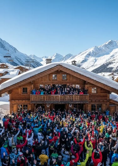Après-ski party at a mountain chalet with a large crowd and scenic snowy peaks in the background.