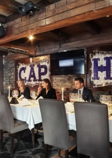 Luxury fine dining interior at Le Cap Horn restaurant in Courchevel.