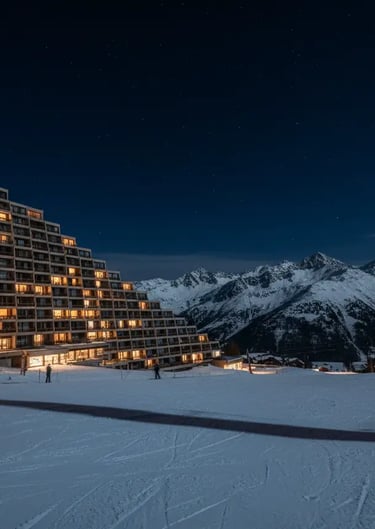 La Plagne resort at night showcasing illuminated alpine buildings against a snowy mountain backdrop